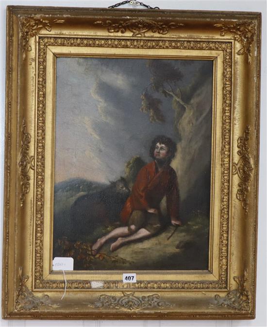 Early 19th century English School, oil on panel, Boy and dog sheltering in a storm, 50 x 37cm